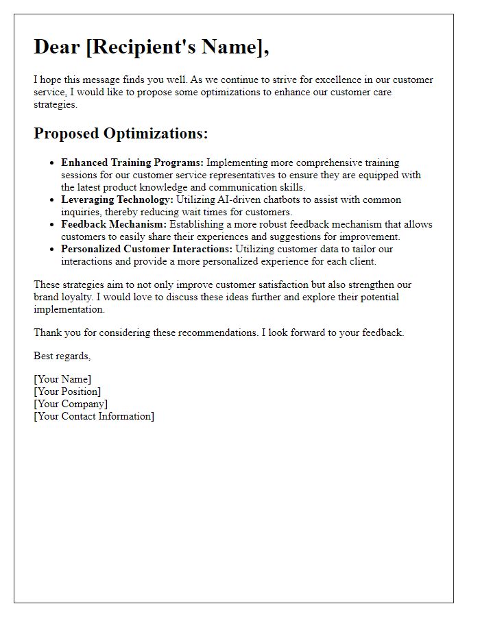 Letter template of optimizations in customer care strategies