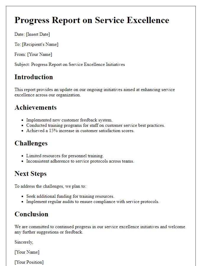 Letter template of progress report on service excellence