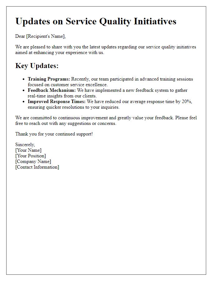 Letter template of updates on service quality initiatives