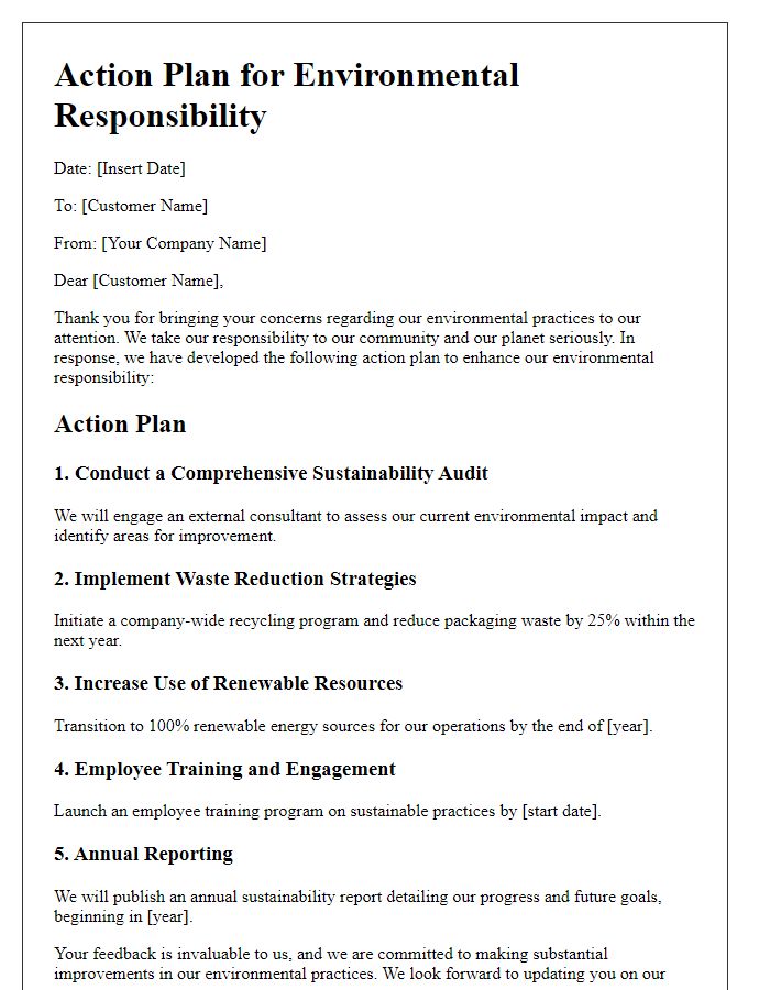 Letter template of action plan for environmental responsibility in response to customer concerns.