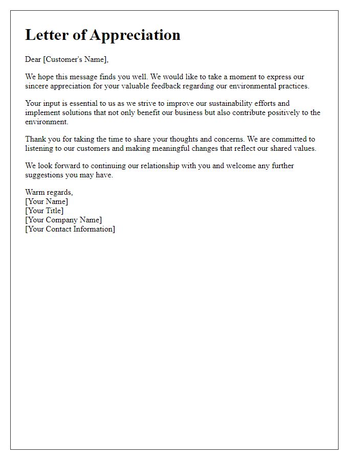 Letter template of appreciation for customer input on environmental issues.