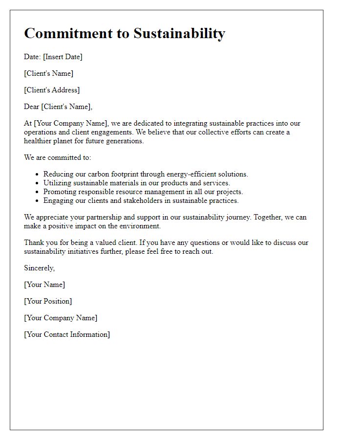 Letter template of commitment to sustainability for client communication.