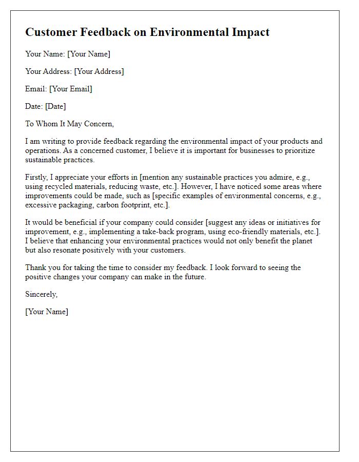 Letter template of customer feedback regarding environmental impact.