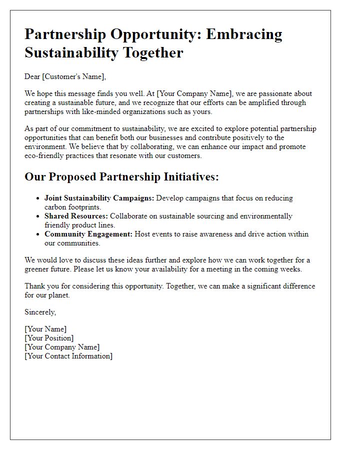 Letter template of partnership opportunities for customers focused on sustainability.