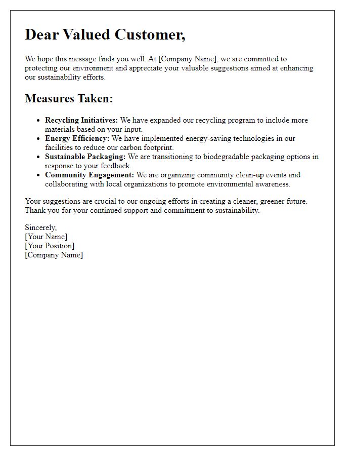 Letter template of proactive measures taken for environmental protection based on customer suggestions.