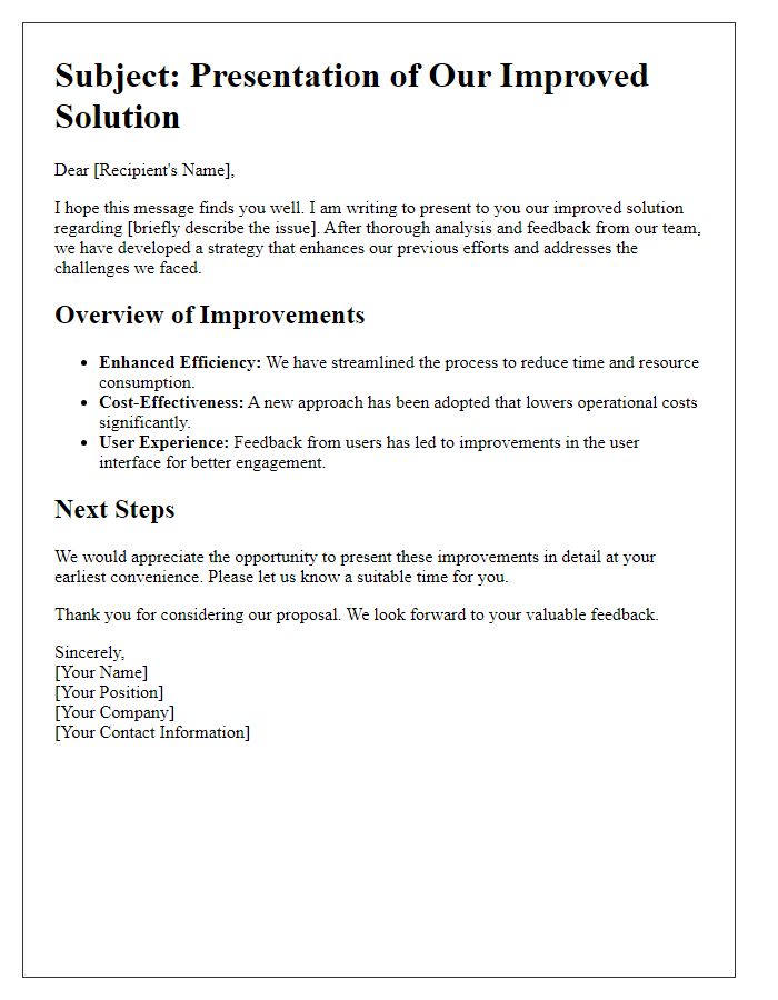 Letter template of improved solution presentation