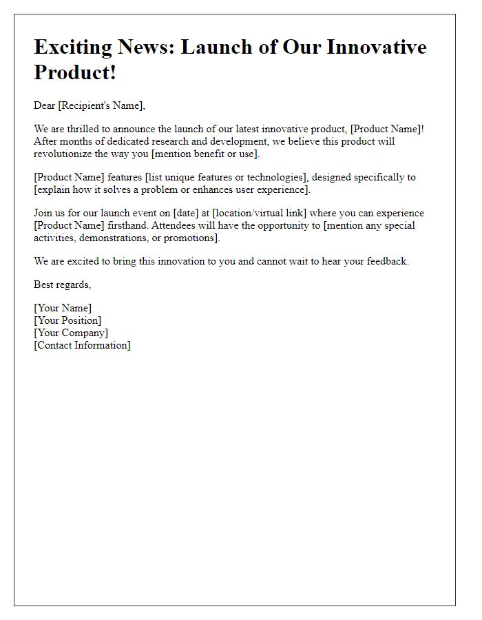 Letter template of innovative product launch