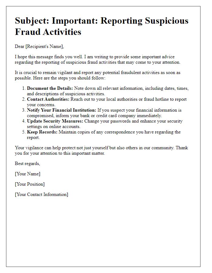 Letter template of advice on reporting suspicious fraud activities