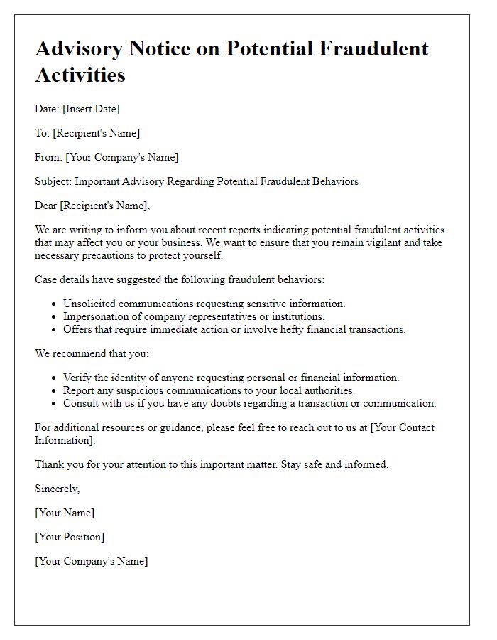 Letter template of advisory on potential fraudulent behaviors