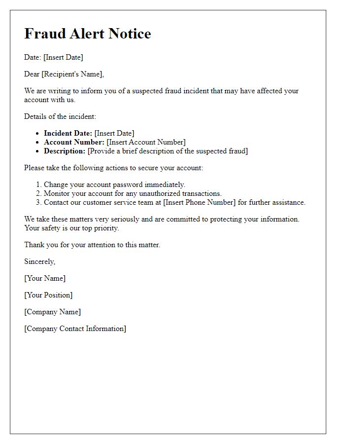 Letter template of alert for suspected fraud incidents