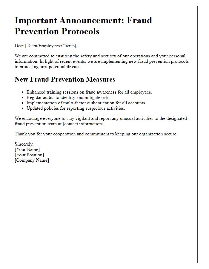 Letter template of announcement for fraud prevention protocols