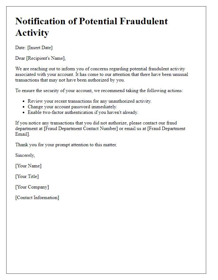 Letter template of notification regarding fraudulent activity concerns