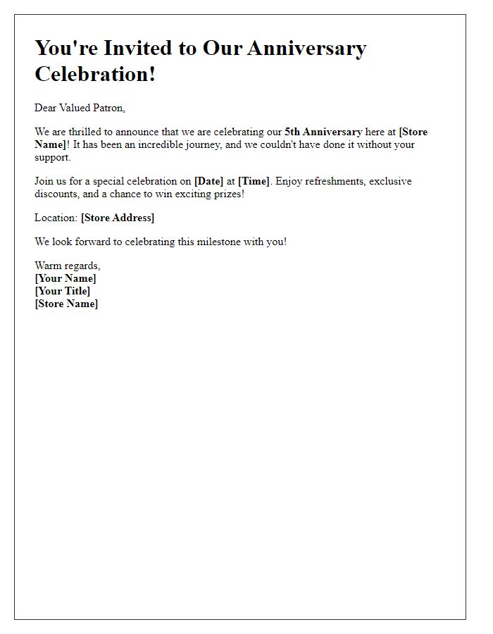 Letter template of Anniversary Celebration Invitation for Store Patrons