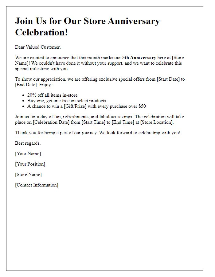 Letter template of Celebrating Store Anniversary with Special Offers