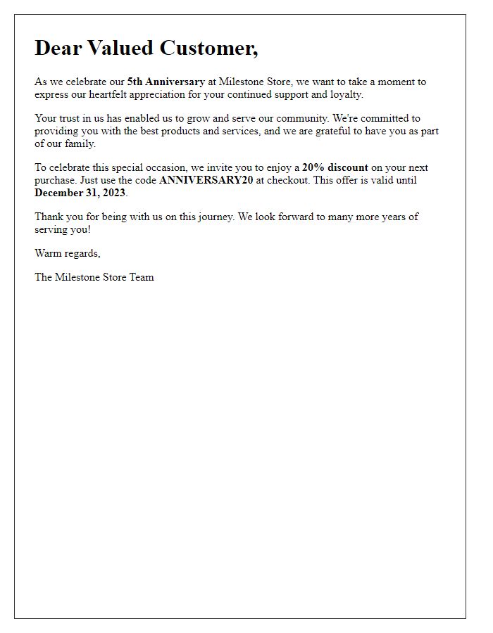 Letter template of Milestone Store Anniversary Appreciation for Customers