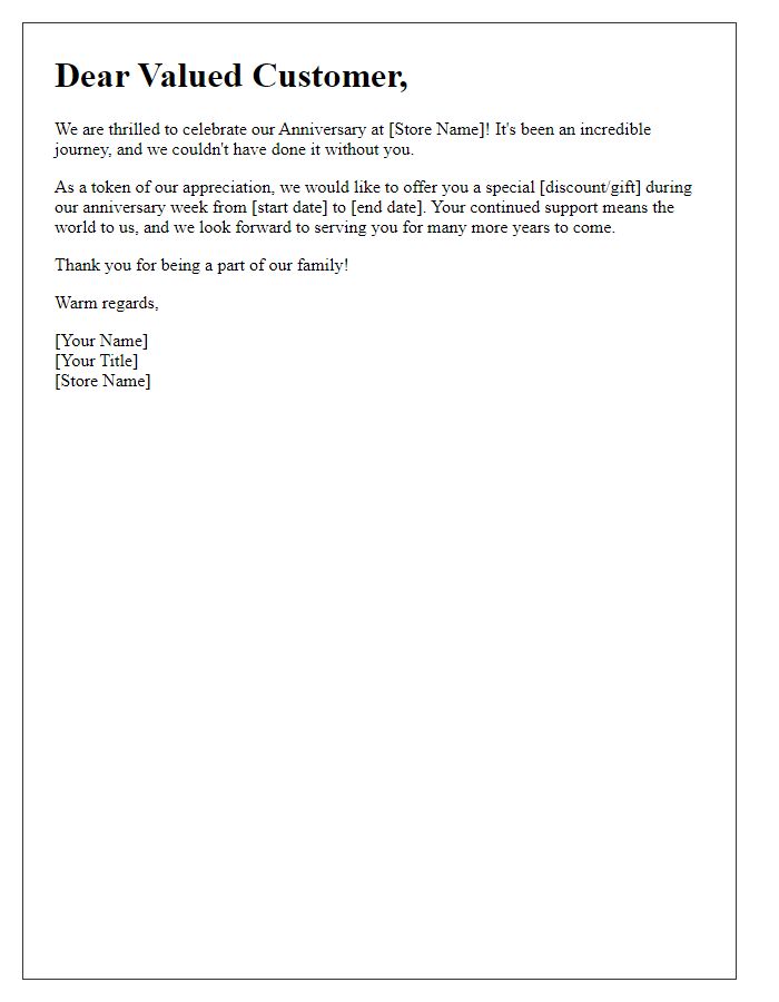 Letter template of Personal Note for Frequent Customers on Store Anniversary