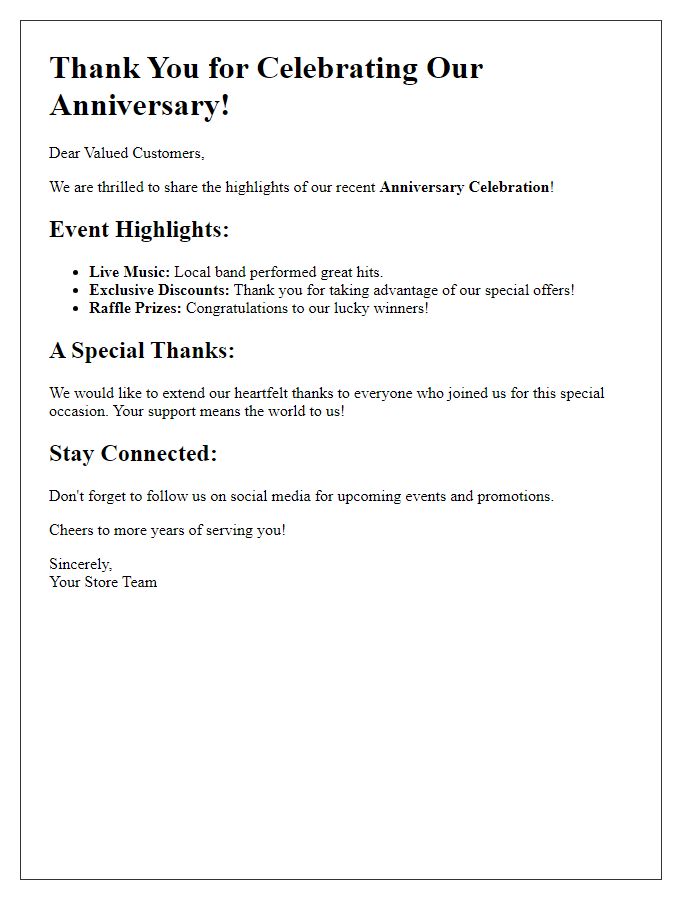 Letter template of Store Anniversary Celebration Recap for Newsletters