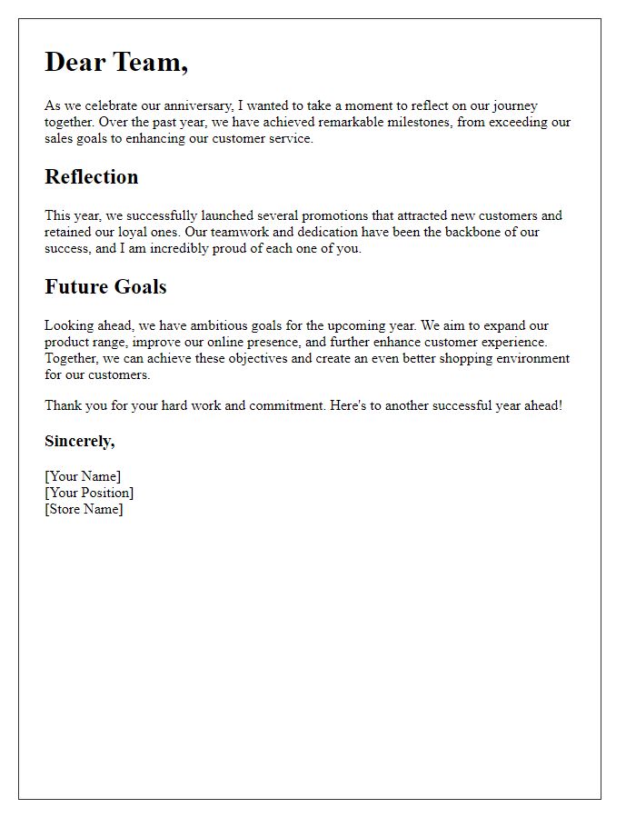 Letter template of Store Anniversary Reflection and Future Goals