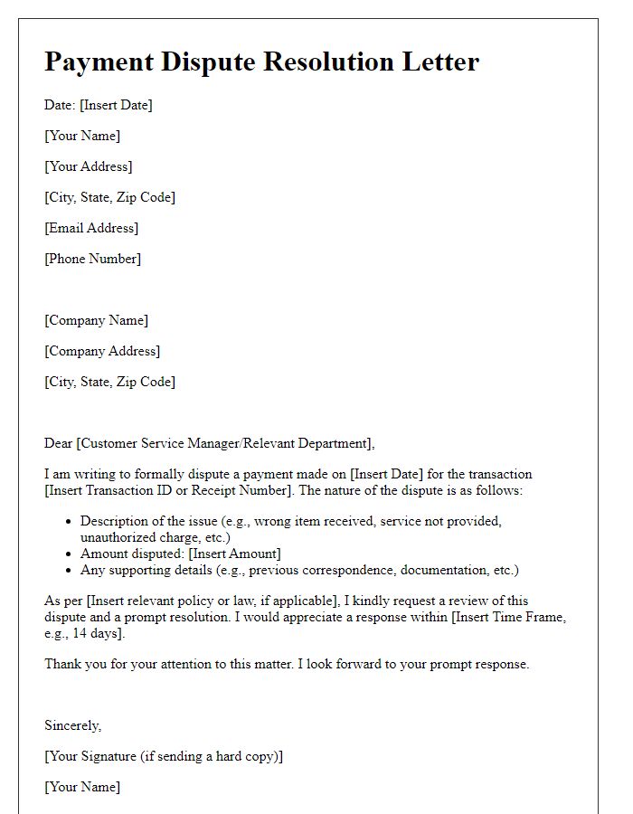 Letter template of payment dispute resolution for consumer transactions