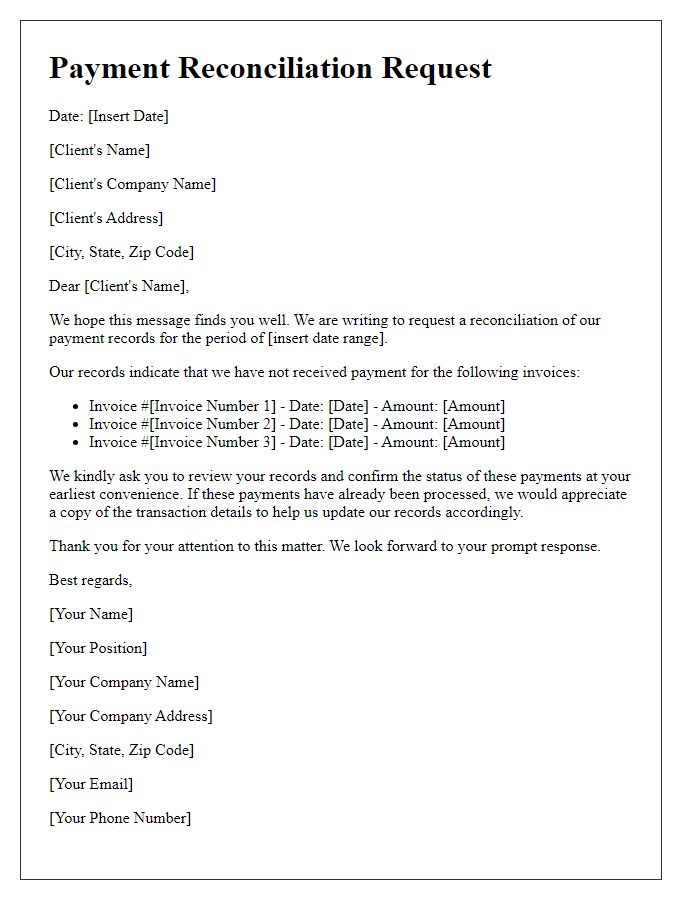 Letter template of payment reconciliation request for corporate clients