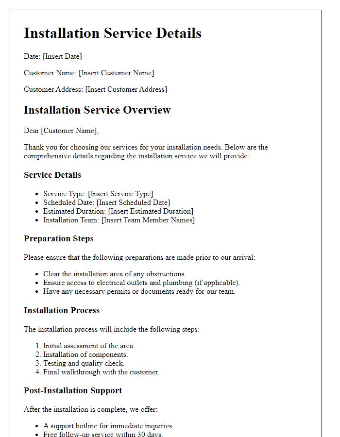 Letter template of comprehensive installation service details