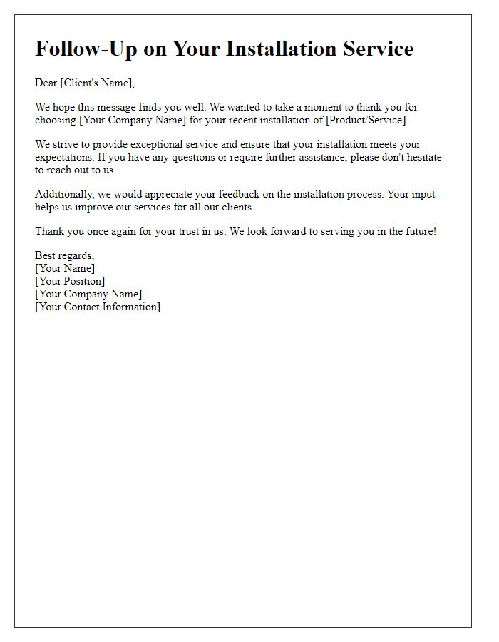 Letter template of installation service follow-up for clients