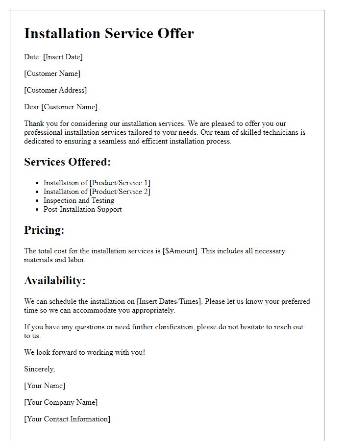 Letter template of installation service offer for customers