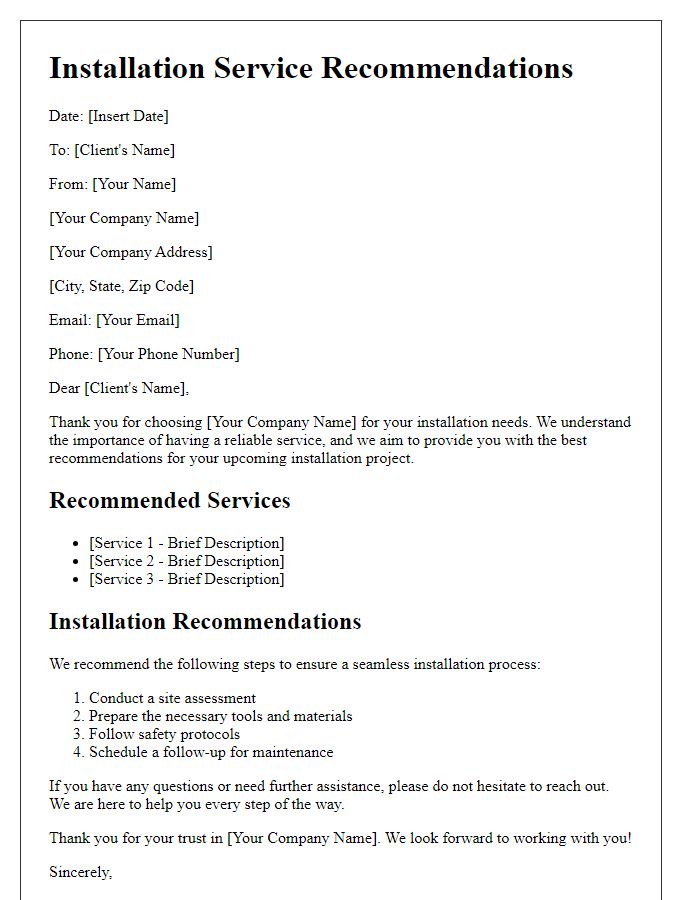 Letter template of installation service recommendations