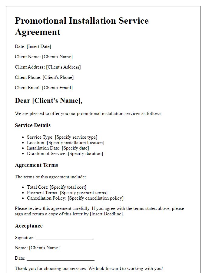 Letter template of promotional installation service agreement