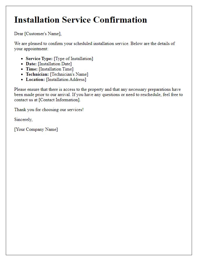 Letter template of scheduled installation service confirmation
