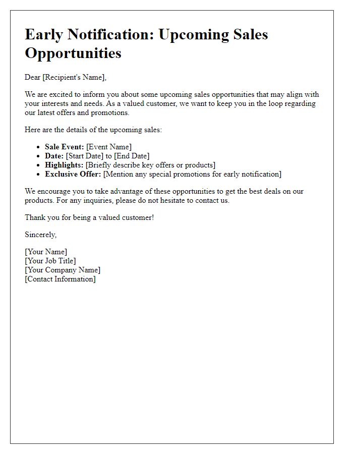 Letter template of Early Notification for Upcoming Sales Opportunities