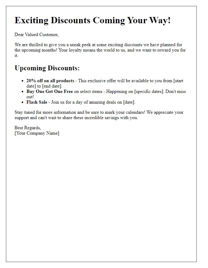 Letter template of Sneak Peek at Our Future Discounts for Customers