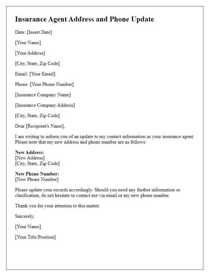 Letter template of insurance agent address and phone update