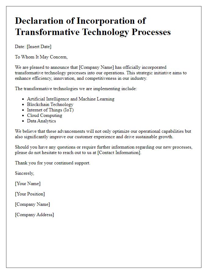 Letter template of declaring the incorporation of transformative technology processes.