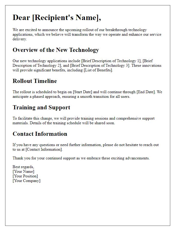 Letter template of revealing the rollout of breakthrough technology applications.