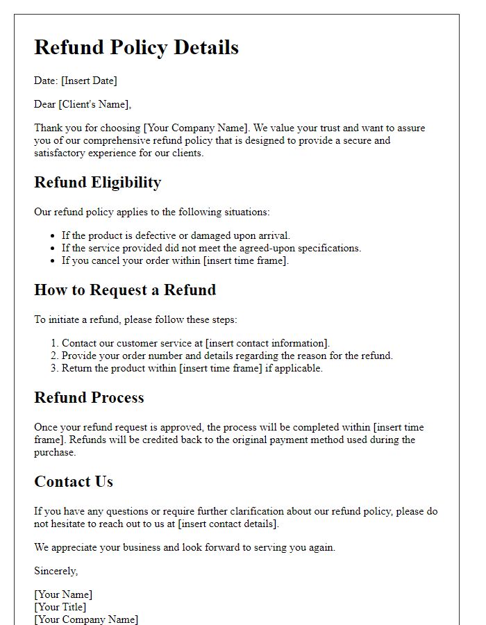 Letter template of comprehensive refund policy details for client assurance