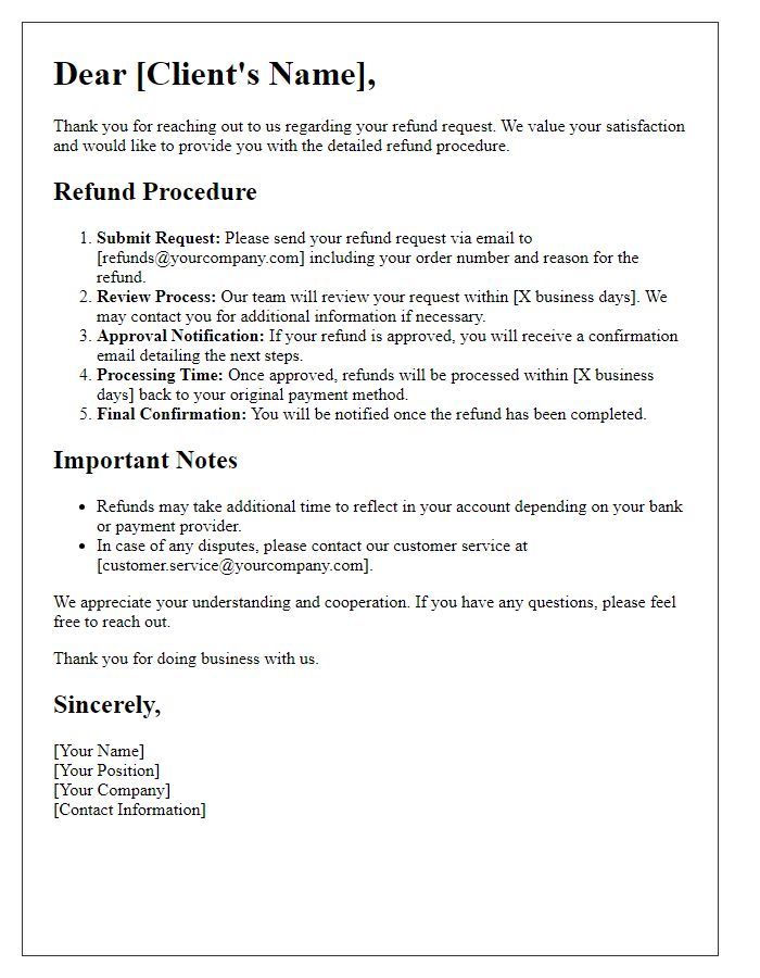 Letter template of detailed refund procedure for client communication