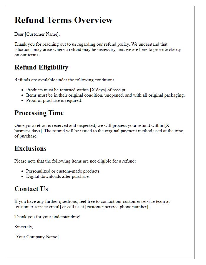 Letter template of refund terms overview for customer relations