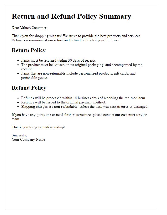 Letter template of return and refund policy summary for consumer education