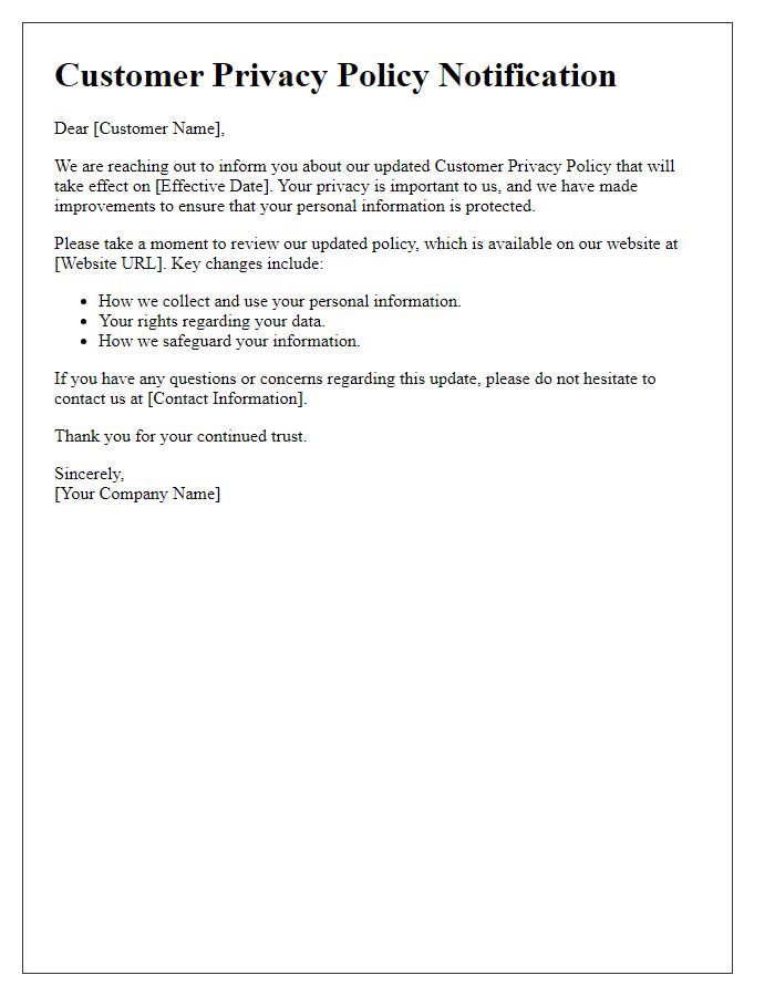 Letter template of Customer Privacy Policy Notification