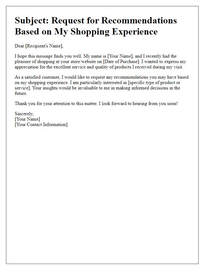 Letter template of appeal for recommendations based on shopping experience