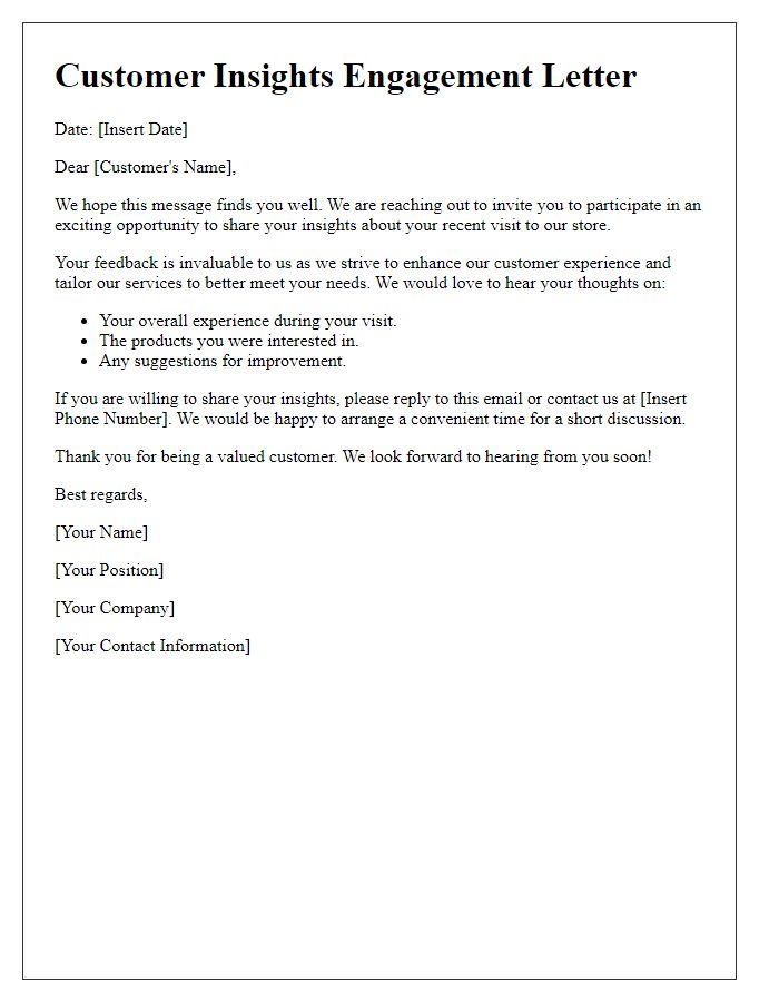 Letter template of engagement for customer insights on store visit