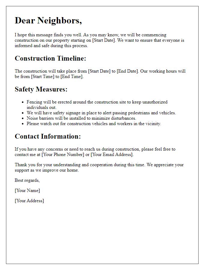 Letter template of advising neighbors on safety measures during construction