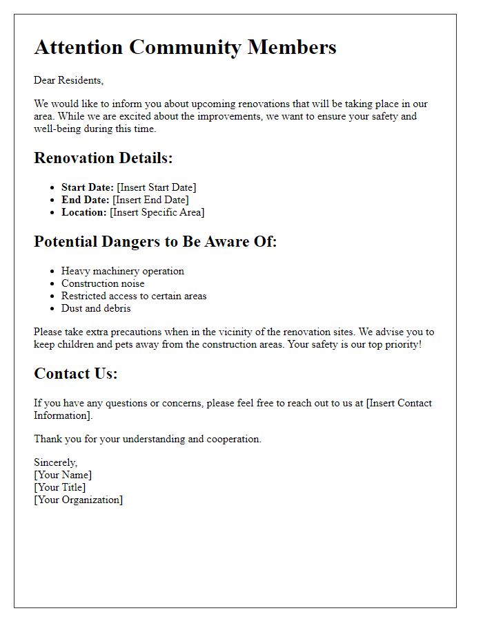 Letter template of alerting community members to potential dangers during renovations