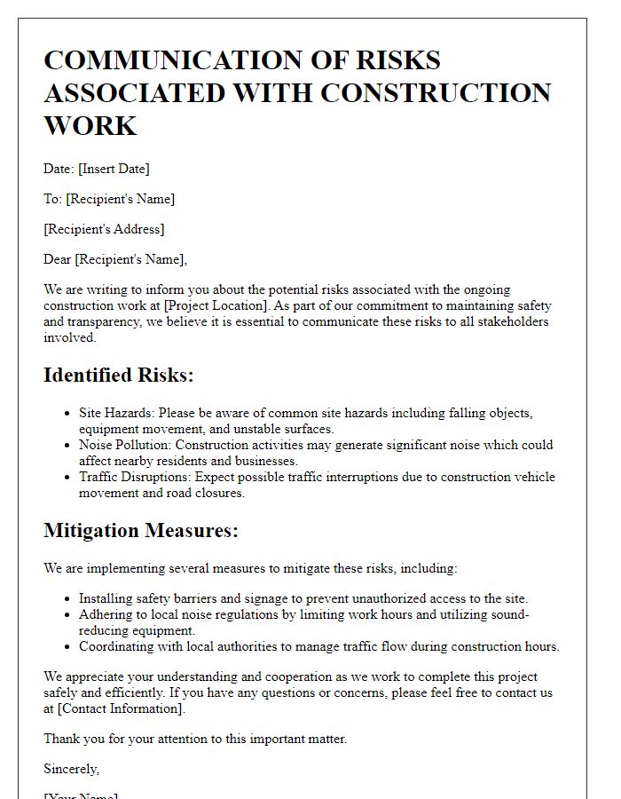 Letter template of communicating risks associated with construction work