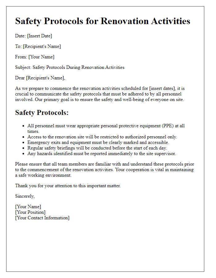 Letter template of conveying safety protocols for renovation activities