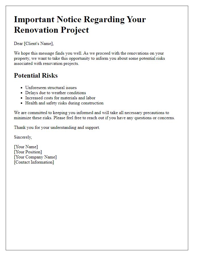 Letter template of informing clients about risks in renovation projects