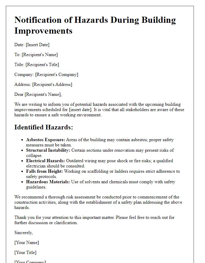 Letter template of outlining hazards during building improvements