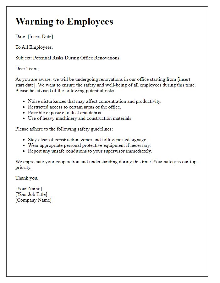 Letter template of warning employees about potential risks during office renovations