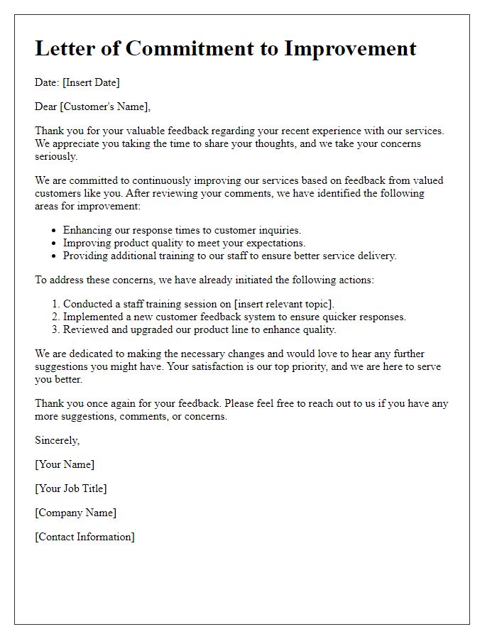 Letter template of commitment to improvement based on customer feedback.